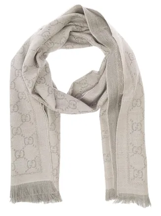 Gucci Womens Knit Scarf Gg Jacquard Grey Wool Scarfs