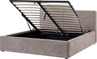 Beliani Ottoman Bed Taupe Fabric Upholstery EU King Size Asymetrical Headboard Storage Function Scandi LAGARDE
