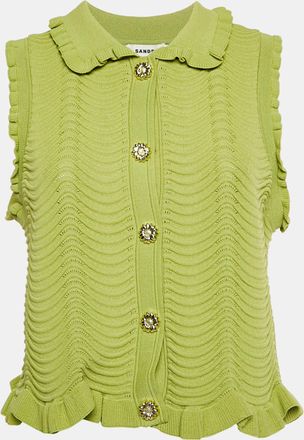 Sandro Green Textured Knit Frilled Sleeveless Top