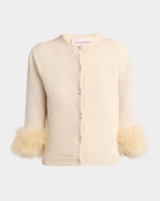 Valentino Garavani Feather-Cuff Crewneck Cardigan