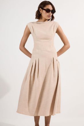 Karen Millen Womens Spring Tweed Tailored Sleeveless Full Skirted Midi Dress - Natural Cotton - Size 12 UK