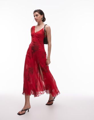 Mango Vestito midi monospalla rosso con stampa a fiori sfocati