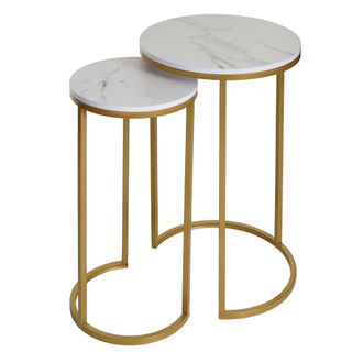 Hhg Hhg - Juego De 2 Mesas Auxiliares 401, Mesa De Centro Mesilla De Noche Mesa De Sal&oacute;n, Mdf Efecto M&aacute;rmol, Blanco-dorado
