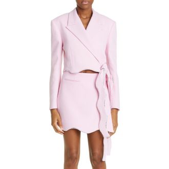 Mach & Mach Crystal Trim Crop Wool Wrap Blazer in Baby Pink at Nordstrom, Size 8 Us