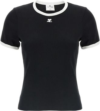 Courr&egrave;ges Signature Contrast Katoenen T-shirt - Dames - T-shirts - Zwart - L - Katoen - Tops
