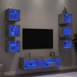 vidaXL Vidaxl - Muebles Tv Pared Con Led 8 Pzas Madera Ingenier&iacute;a Gris Hormig&oacute;n