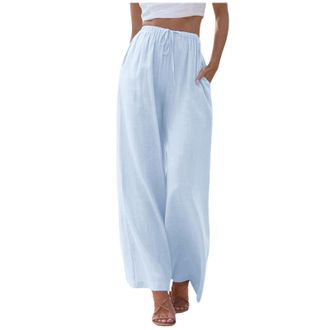 Generic Linen Trousers Womens Long Leg Summer Palazzo Pants High Waisted Wide Leg Pants Casual Ladies Summer Loose Fit Beach Trousers Flowy Elastic Waist (Lig