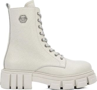 Philipp Plein Leren Lage Platte Laarzen - Dames - Veterlaarzen - Wit - 37 EU - Leer - Schoenen