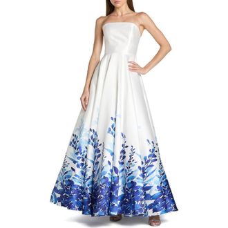 Mac Duggal Strapless Floral Printed Mikado Ball Gown in White Multi at Nordstrom, Size 16