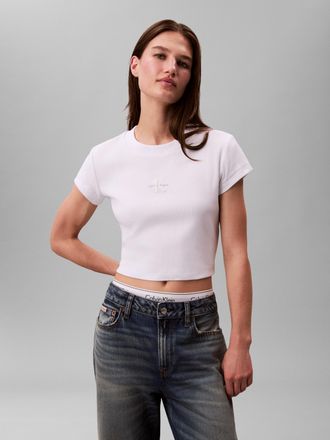 Calvin Klein Jeans T-Shirt CALVIN KLEIN JEANS MONOGRAM BABY TEE, Damen, Gr. XXS (34), weiss (brilliant wei&szlig;), Rippware, Obermaterial: 95% Baumwolle, 5% Elasthan, unifarb
