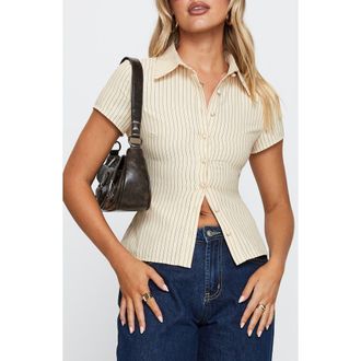 Princess Polly Lift Off Pinstripe Button-Up Shirt in Cream /Navy Stripe at Nordstrom, Size 12
