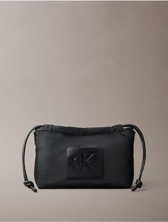 Calvin Klein Womens Nylon Drawstring Monologo Crossbody Bag - Black