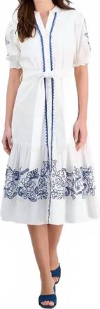 T Tahari Short Sleeve Belted Embroidered Fit & Flare Dress In White