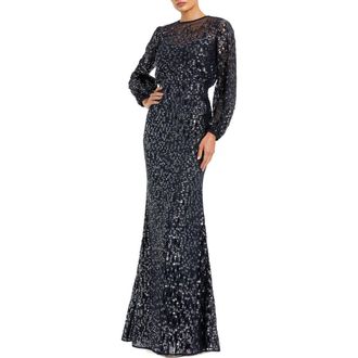 Mac Duggal Sequin Long Sleeve Blouson Evening Gown in Midnight at Nordstrom, Size 16