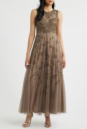 Pisarro Nights Embellished Cocktail Dress with Open Front Jacket in Mocha at Nordstrom, Size 10