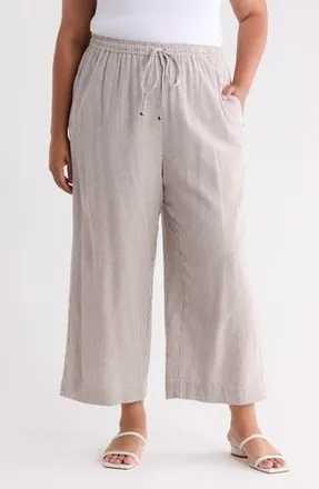 Max Studio Drawstring Waist Crop Wide Leg Pants in Acorn/White Mini Stripe at Nordstrom Rack, Size 3X