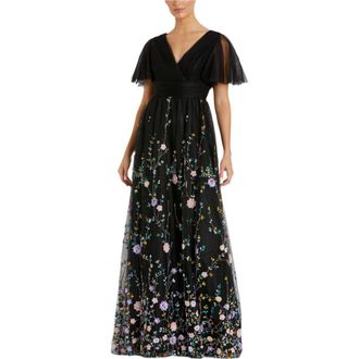 Mac Duggal Embellished Illusion Butterfly Sleeve V Neck Gown in Black Multi at Nordstrom, Size 4