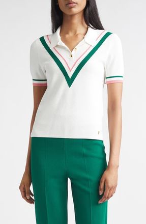 St. John Diagonal Texture V-Stripe Polo Sweater in Bright White Multi at Nordstrom, Size X-Small