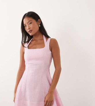 Asos Petite ASOS DESIGN Petite - Vestito corto con scollo squadrato e bustino rosa a quadretti-Multi