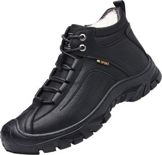 Generic Mens Lace Up Short Boot with Side Zipper Round Toe PU Leather Fur-Lined Winter Boots Flat Heel Ankle Boots,Black,7.5 UK