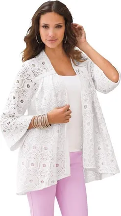 Roaman's Plus Size Lace Three Quarter Sleeve Swing Jacket in White at Nordstrom, Size 32