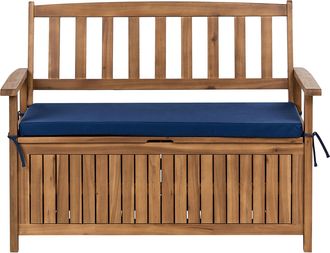 Beliani Banco De Jard&iacute;n Con Almacenaje De Madera Maciza De Acacia R&uacute;stico 120 Cm Con Coj&iacute;n De Olefina Azul Sovana