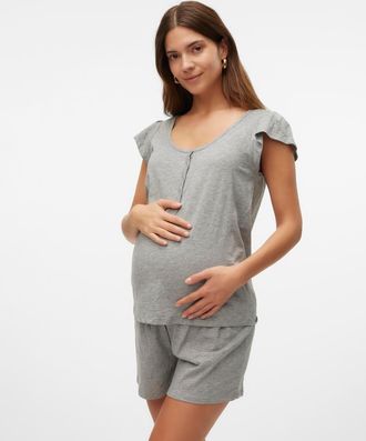Mama Licious Umstandspyjama MAMALICIOUS MLMIRA LGM LIA CAP JRS PYJAMAS 2F NOOS, Damen, Gr. XS (34), grau (light grau melange), Jersey, Obermaterial: 85% Baumwolle,