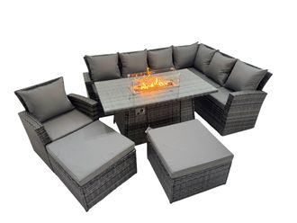 Fimous Rattan Corner Sofa Chair Set Gas Fire Pit Table with 2 Big Footstools in Dark Grey