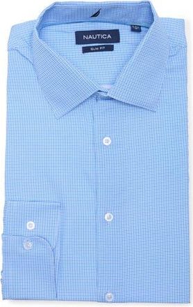 Nautica Slim Fit Geo Print Stretch Dress Shirt in White/Blue Navy at Nordstrom Rack, Size 16.5 - 32/33