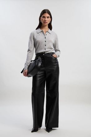 Karen Millen Womens Leather Wide Leg Trousers - Black - Size 12 UK