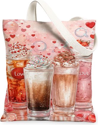 Generic Romantic Beverage Canvas Tote Bags, Cute Hearts Pattern Reusable Grocery Bags, Vintage Lightweight Washable Tote for Travel, Peach, 13x15 Inch