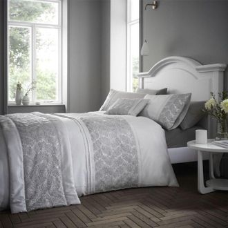 Portfolio Home Portfolio Home - Rouen Embellished Sequens Geometric Silver Super King Soft Easy Care Bed Linen Bedding Duvet Cover Quilt Set With Pillow Cases
