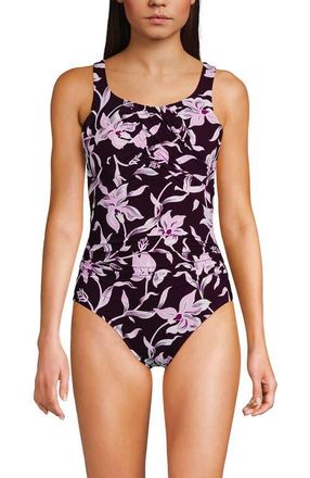 Lands End D-Cup Slender Carmela Tummy Control Chlorine Resistant Scoop Neck One Piece Swimsuit in Dark Wine/tropics Floral at Nordstrom, Size 16