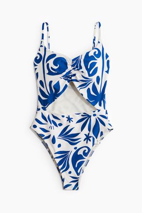 H&M Badeanzug mit wattierten Cups und High Leg - Weiss/Blau Gemustert