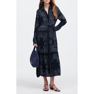 Madewell Bandana Print Relaxed Long Sleeve Tiered Midi Dress in Dark Navy at Nordstrom Rack, Size X-Small