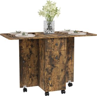 HOMCOM Folding Dining Table - Drop Leaf Table With Drawers Distressed - Rustic Brown | TJ Hughes Oak