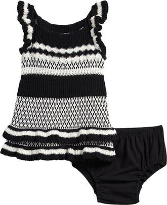 Splendid Ruffle Cotton Blend Sweater Dress with Bloomers in Jet Stream/Blck at Nordstrom, Size 18-24M
