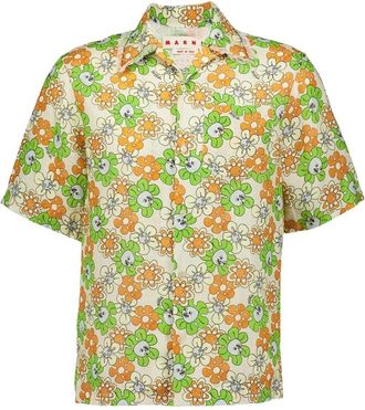 Marni Bloemen Linnen Bowling Shirt - Heren - Korte mouwen Overhemden - Veelkleurig - S - Linnen - Overhemden