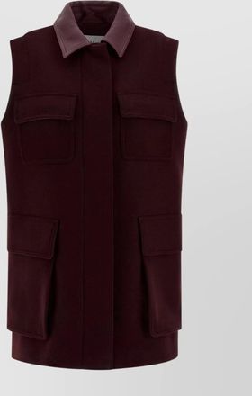 Max Mara sleeveless jacket with leather collar and pockets