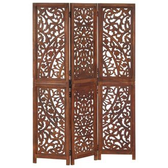 vidaXL Biombo 3 Paneles Tallado A Mano Madera Mango Marr&oacute;n 120x165 Cm Vidaxl