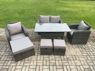 Fimous Rattan Outdoor Garden Furniture Set Rectangular Dining Table & Chair Sofa Set With 3 Footstools in Dark Grey