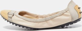 Tod's Tods Beige/yellow Patent Leather And Suede Cap Toe Scrunch Ballet Flats