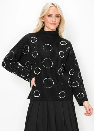 YAL New York Black Ribbed Sweater with Pearl Circle Beading
