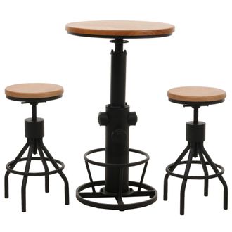 Hhg Hhg - Set Mesa De Bar + 2x Taburete De Bar 032, Taburete De Bar Mesa Alta Altura Regulable Reposapi&eacute;s Giratorio Madera Industrial, Naturaleza