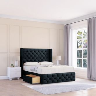 Sloomy Luthor Naples Wingback Bed Set, No Drawers & 54 Floor Standing Headboard in Black | Size: Small Single