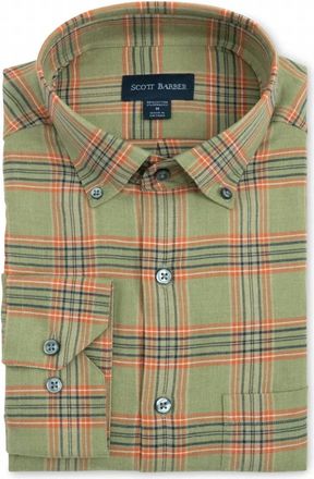 Scott Barber Mens Lightweight Flannel Sport Shirt In Sage And Spice