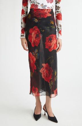 Carolina Herrera Rose Print Sheer Silk Chiffon Midi Skirt in Black Multi at Nordstrom, Size 14