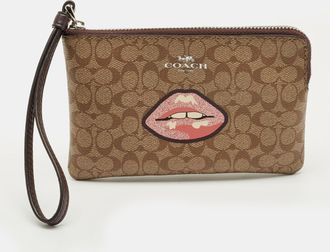 Coach Beige Signature Coated Canvas Lip Corner Wristlet Pouch