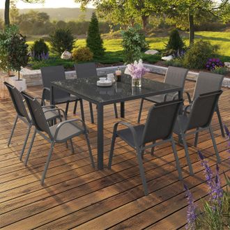 IDMarket Conjunto De Muebles De Jard&iacute;n Madrid Mesa Cuadrada De 130 Cm Y 8 Sillas Apilables Gris Antracita