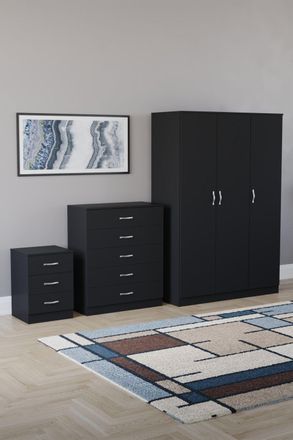 Home Discount Riano 3Pc Bedroom Set - 3 Drawer Bedside, 5 Drawer Chest & Wardrobe in Black